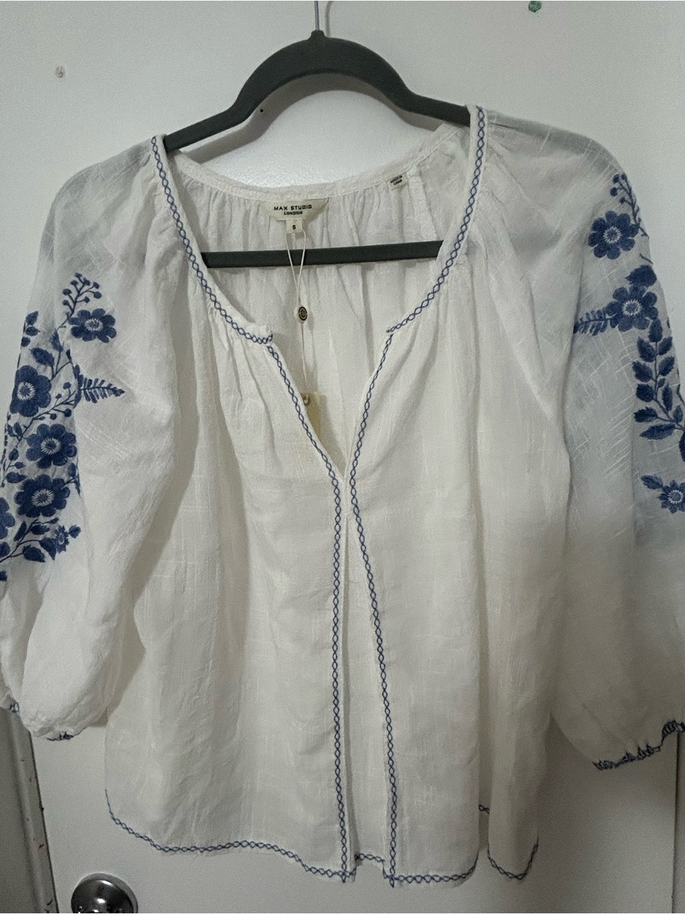 Max Studio White Blouse with Blue Floral Sleeve Embroidery